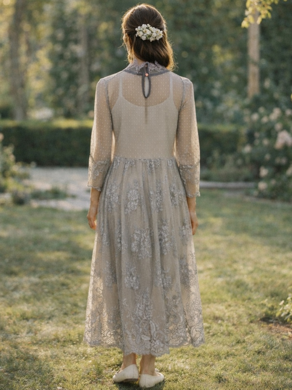Romantic Sheer Lace Maxi Dress in Dusty Gray